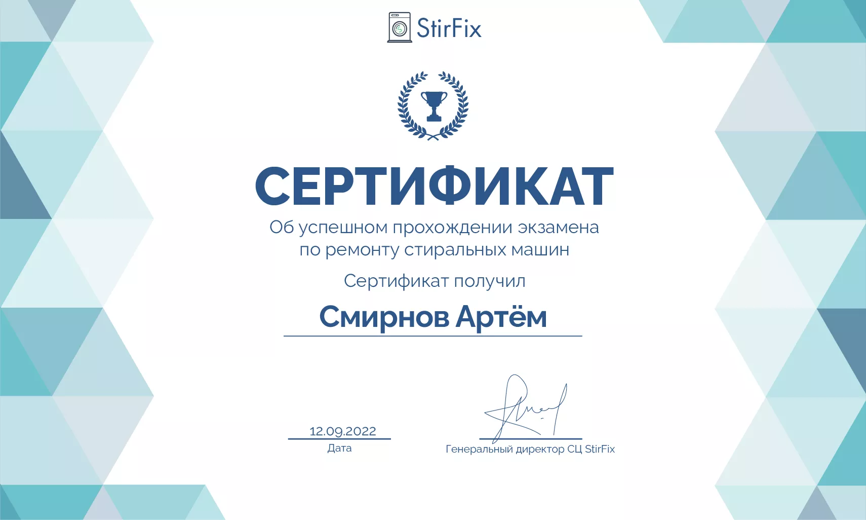 Смирнов Артём сертификат мастера по ремонту стиральных машин